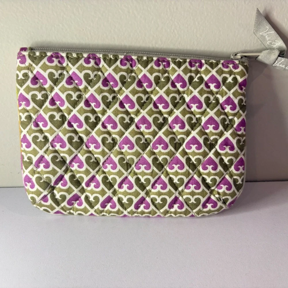 Vera Bradley Quilted Cotton Cosmetic Pouch Purple Green Heart Scroll Zip Bag